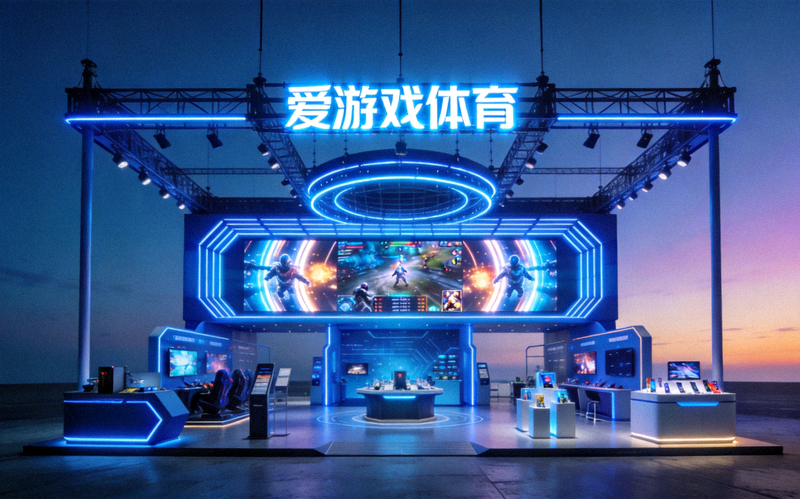 爱游戏体育平台在国际游戏展上的主展台全景，充满科技感的蓝色灯光与大型屏幕