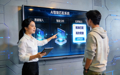 工作人员向参观者详细演示AI智能匹配系统的操作与优势