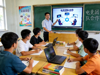 青少年在公益项目课堂上专注学习，老师正在讲解电竞团队合作知识