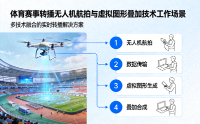 体育赛事转播中使用的无人机航拍与虚拟图形叠加技术工作场景示意图