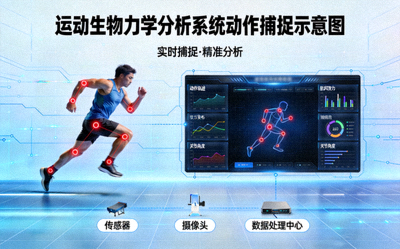 运动生物力学分析系统捕捉并分析运动员动作细节示意图