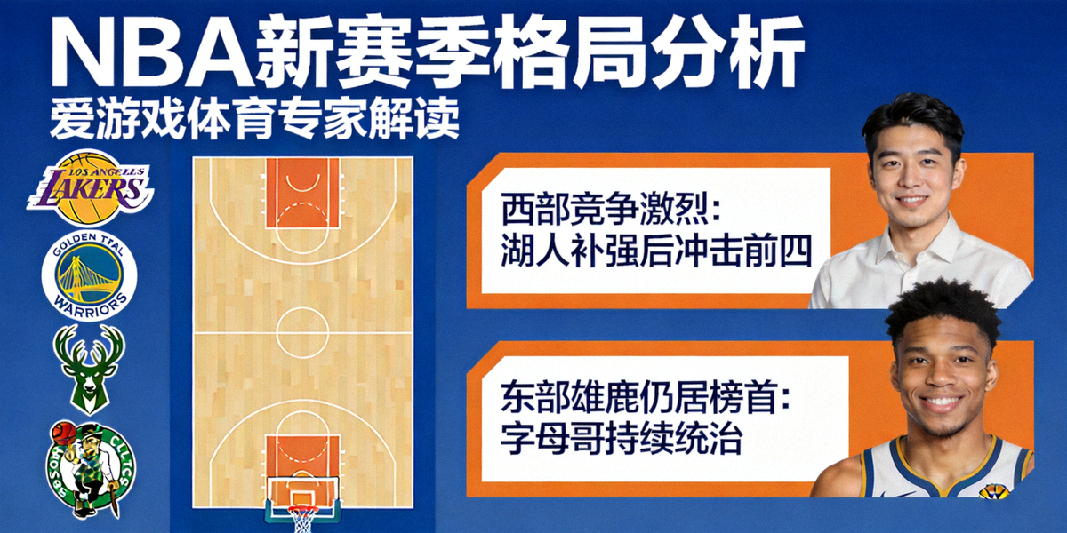NBA新赛季格局分析概念图，包含篮球场与球队标志元素，展现爱游戏体育专家解读主题