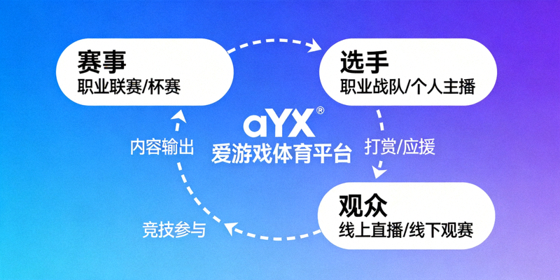 aYX爱游戏体育平台电竞生态体系示意图，展示赛事、选手、观众互动关系